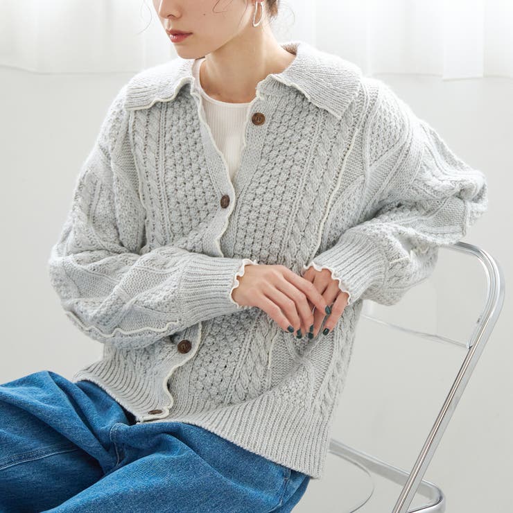 配色メローケーブル編みニットカーディガン[品番：COEW0007723]｜coen