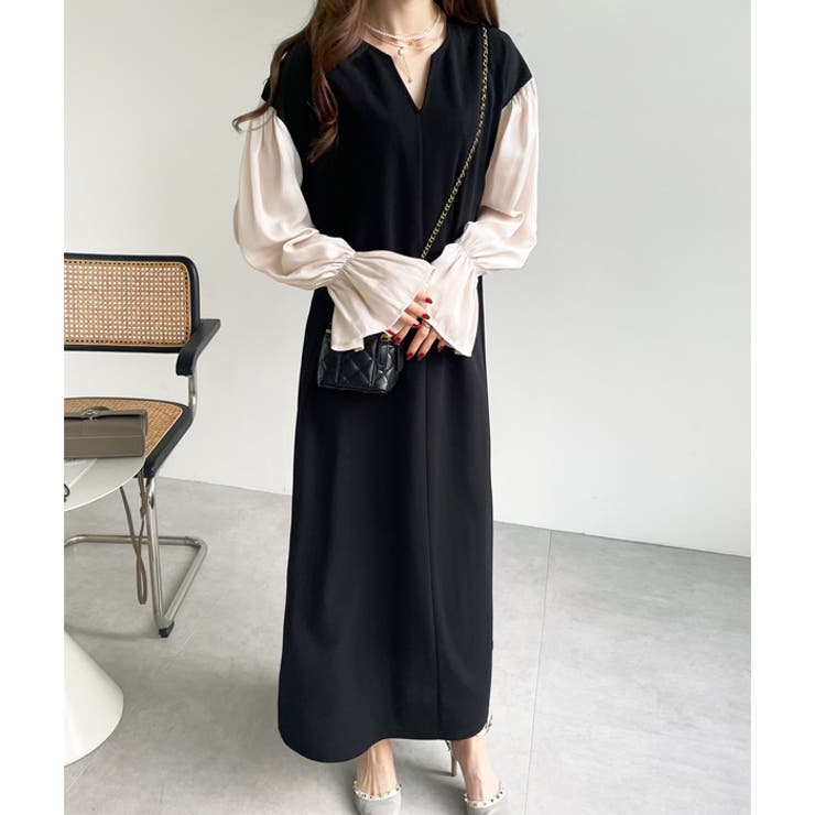 ブラウスレイヤード風ドッキングワンピース[品番：GERW0010599]｜GeeRA