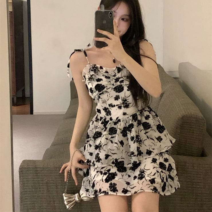 フリル・リボン 総柄ミニワンピース 10380[品番：XB000010637]｜G&L