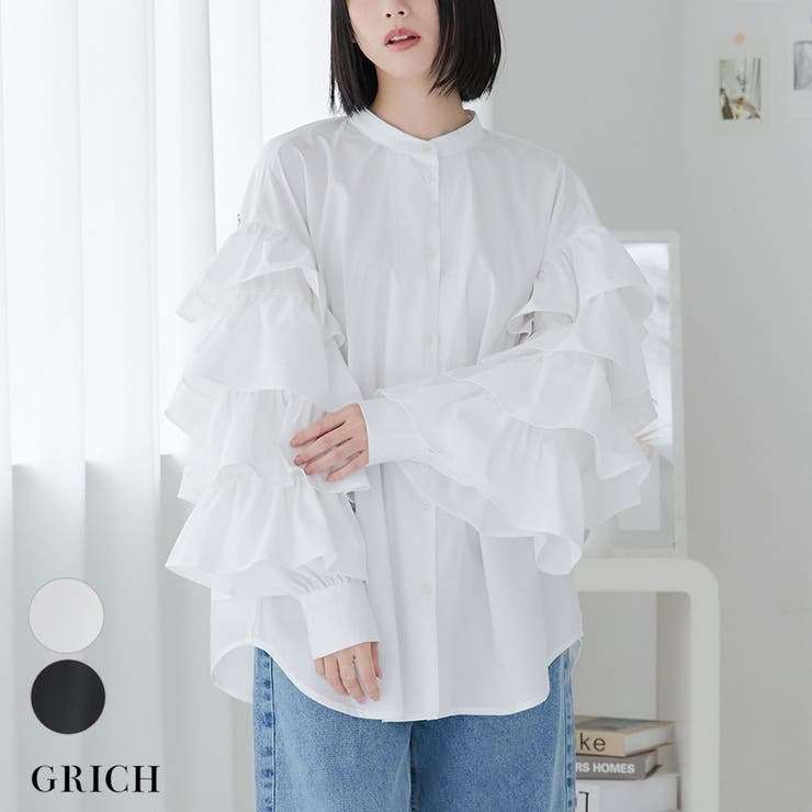 袖フリル ブラウス バンドカラー[品番：GW000004684]｜Growing Rich
