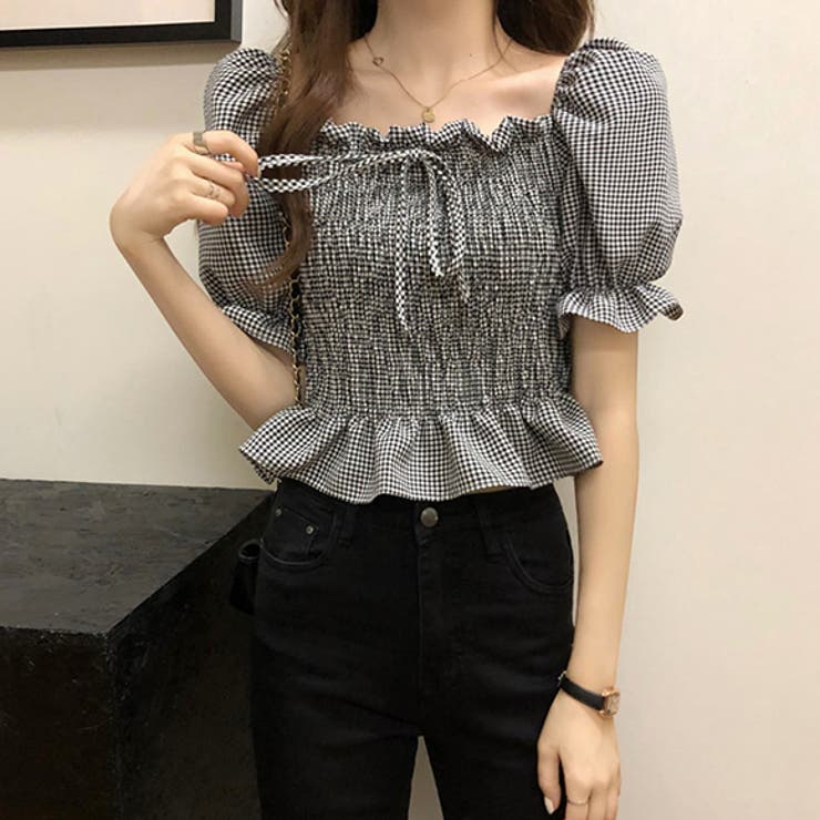 ギンガムチェックトップス スクエアネック 半袖[品番：ZI000003731