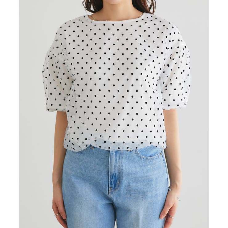 フロッキードット半袖ブラウス ブラウス ドット[品番：PRTW0004907