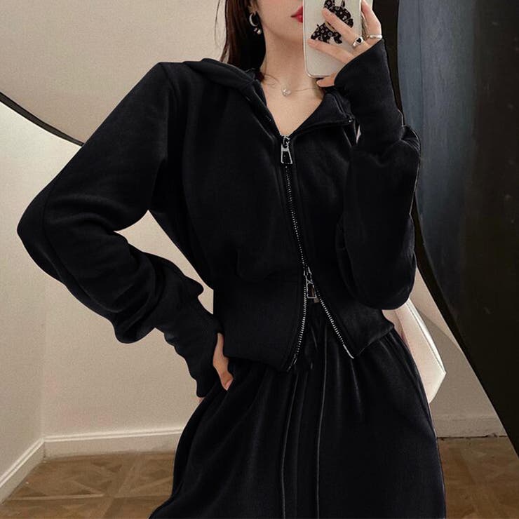 2点セットルームウェア 指穴ダブルジップパーカー＆スウェットパンツ