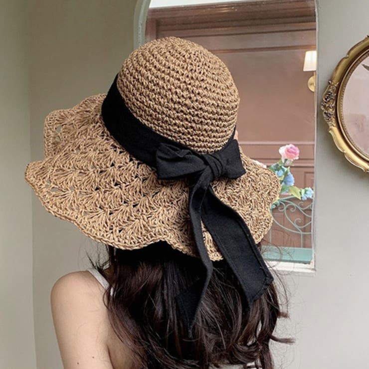 リボンが目を惹くワイヤー入りハット 麦わら帽子 リボン付き[品番