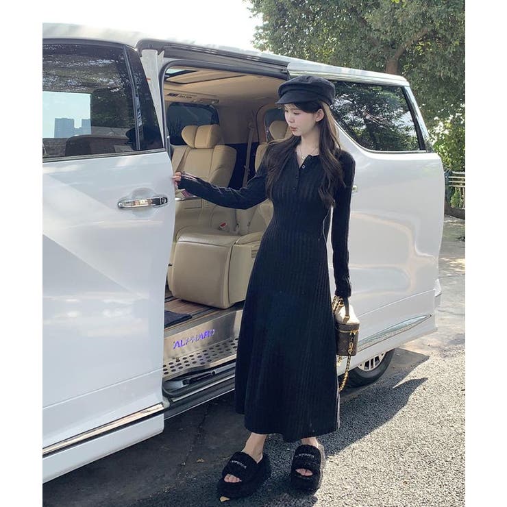 リブ編み ニットワンピース ロングワンピース[品番：KH000015013