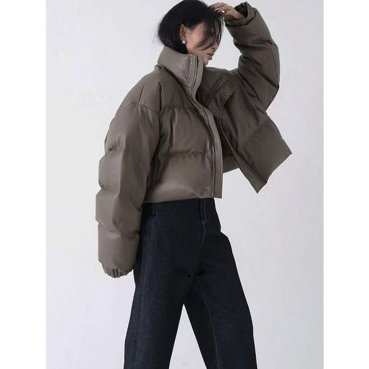 フェイクレザーダウンジャケットショート丈レディース 中綿アウター
