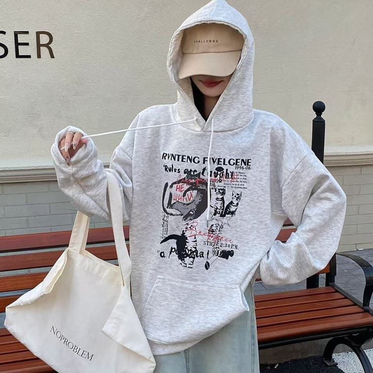 春夏新作】キャットロゴプリントプルオーバーパーカー[品番