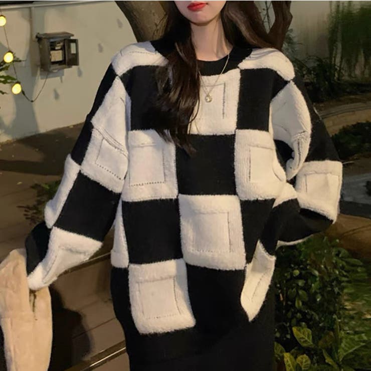 ブロックチェックニットプルオーバー 韓国ファッション オーバーサイズ