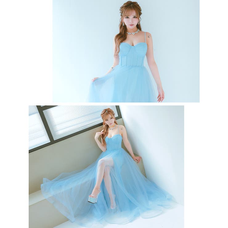 コルセットトップチュールロングドレス エレガントドレス フレア[品番