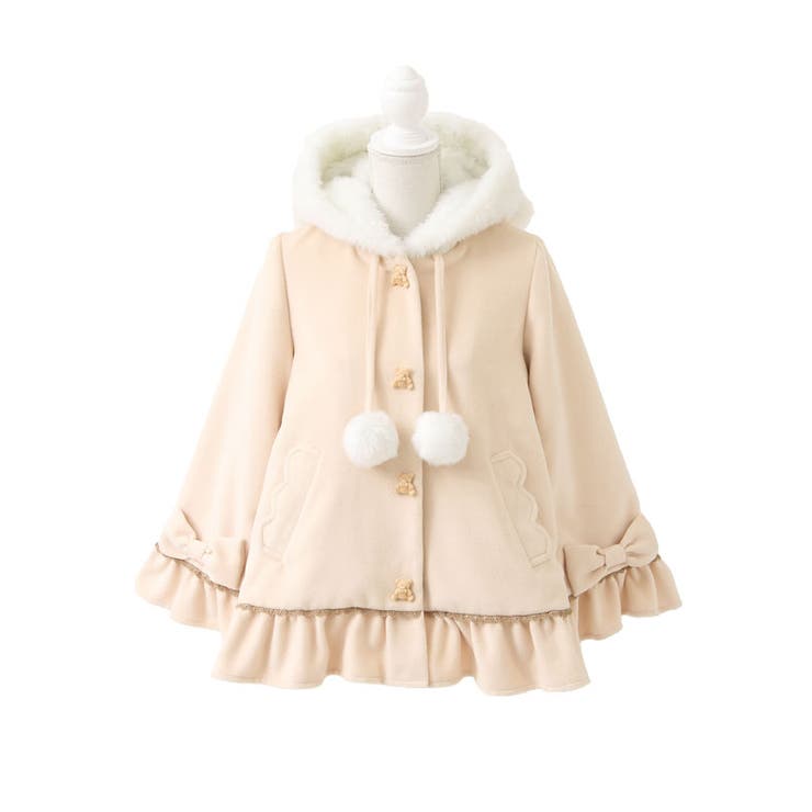 フェイクウールくま耳くまボタンくましっぽポンポンポンチョ風コート