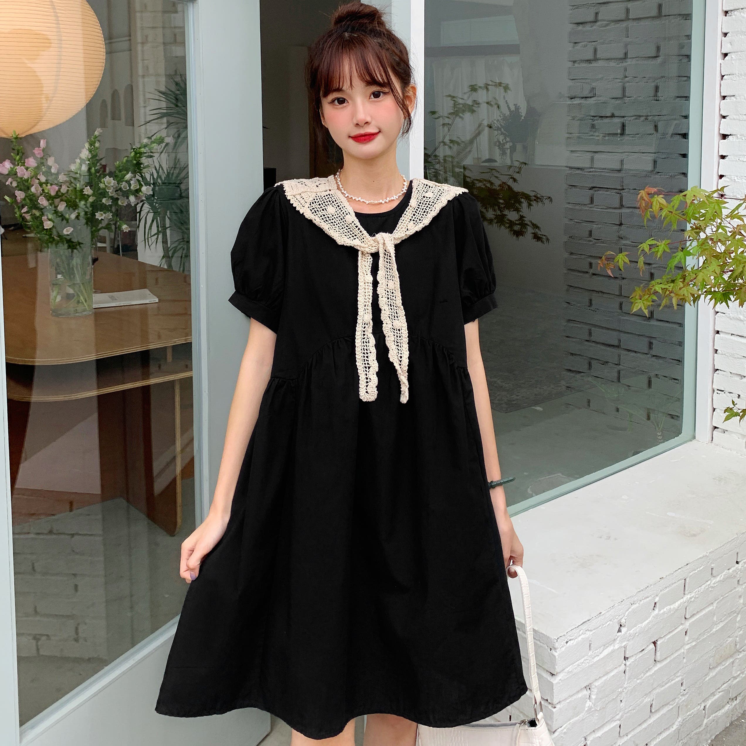 ストール付半袖ワンピース 春夏 韓国ファッション[品番：CP000009183