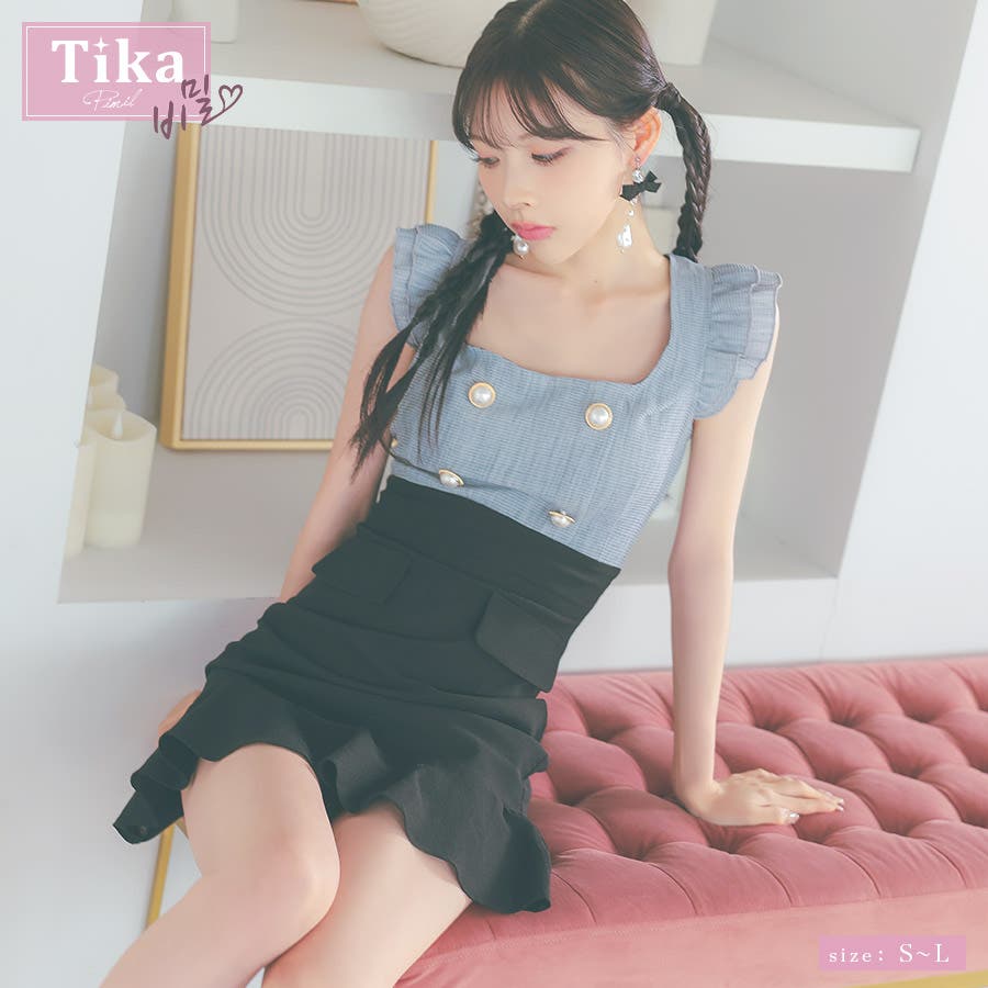 スクエアネック×ダブルボタンハイウエスト切替マーメイドミニドレス