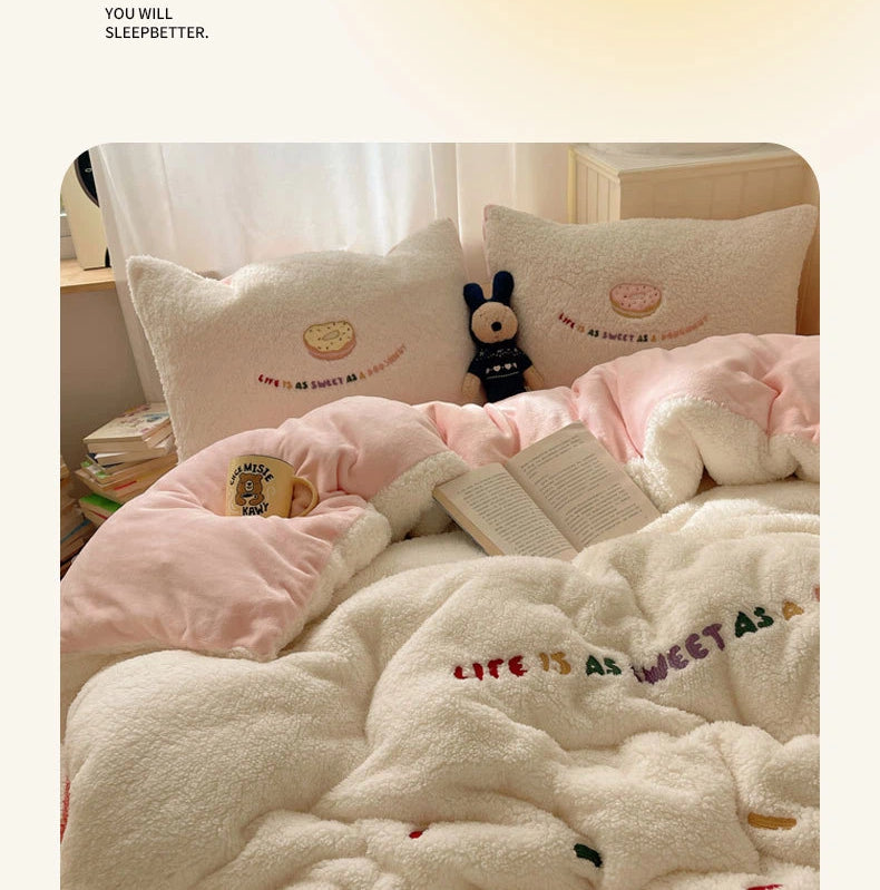 冬季 ミルクフリース フリース ベッドカバーセット 厚手 保温 コーラル