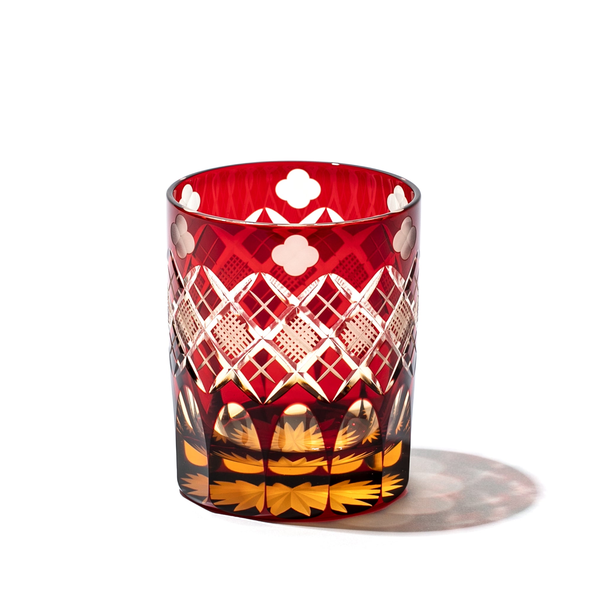 江戸切子 - 四ツ葉に矢来魚子紋 オールドグラス（琥珀ルリ） -【公式