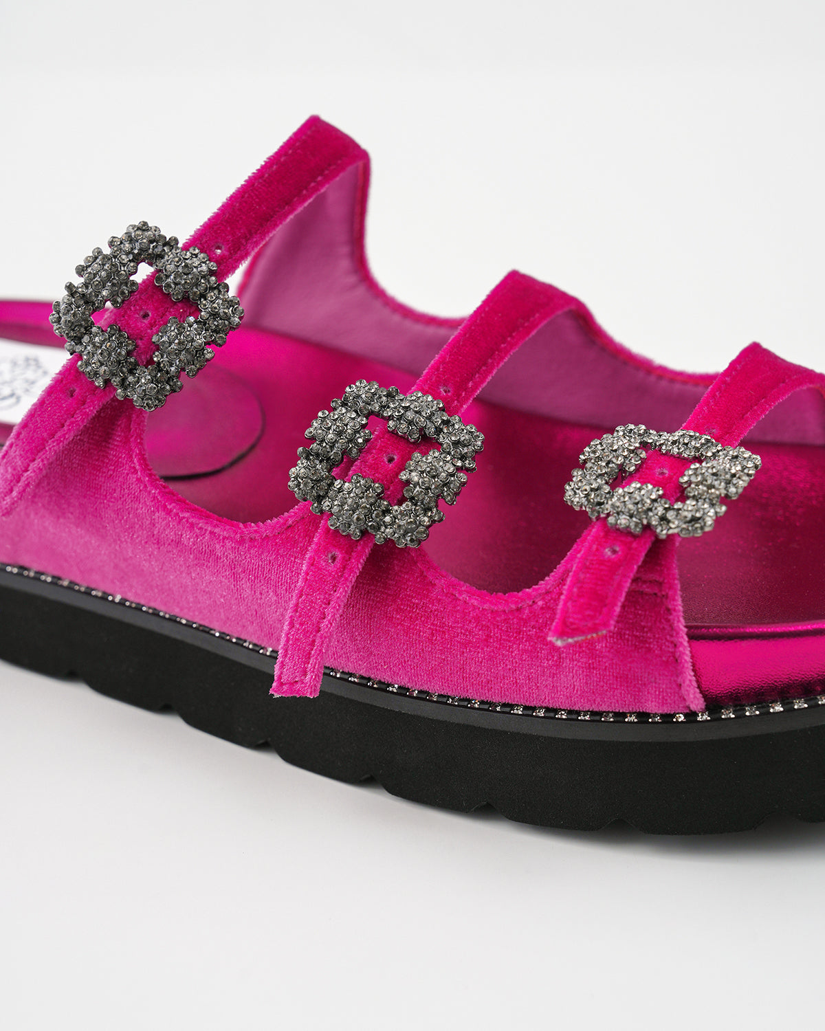 フラット トリプルベルトサンダル （ピンク ベルベット） -Emma