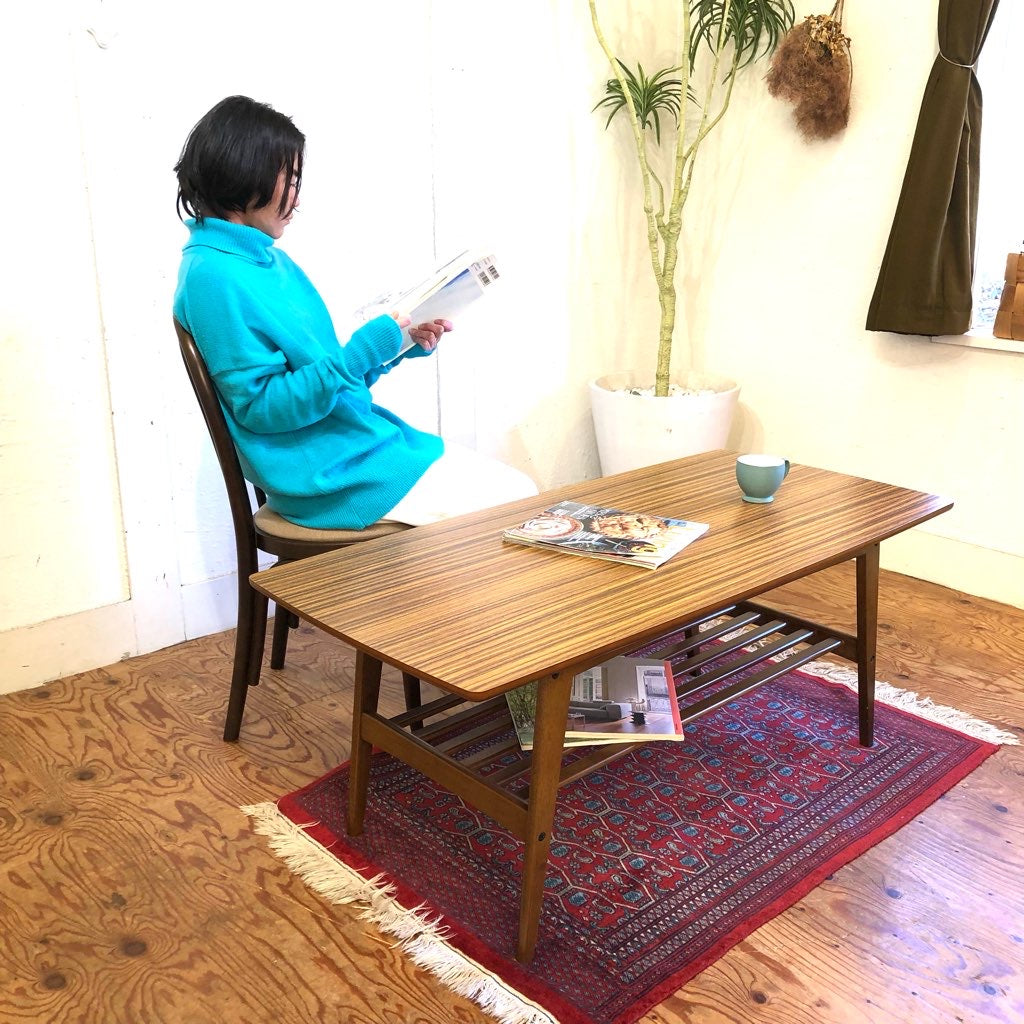 カリモク60 リビングテーブル 大 中古 レトロ 木 棚付き