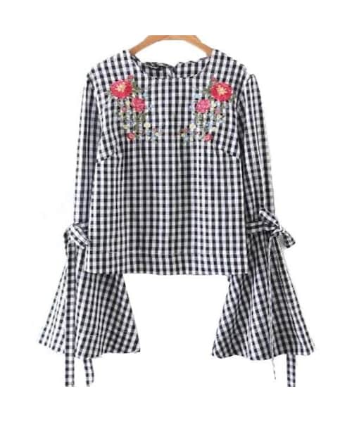 ZARA（ザラ）の「花柄刺繍フレアスリーブブラウス ギンガムチェック