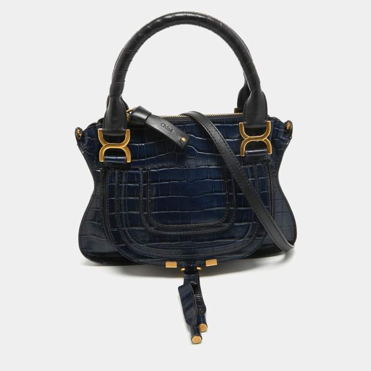 Chloe Navy Blue Croc Embossed Leather Marcie Hobo Chloe | TLC