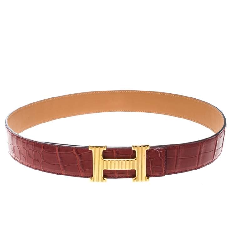 Hermes Brown Porosus Crocodile Gold Grooved Finished H Buckle Belt