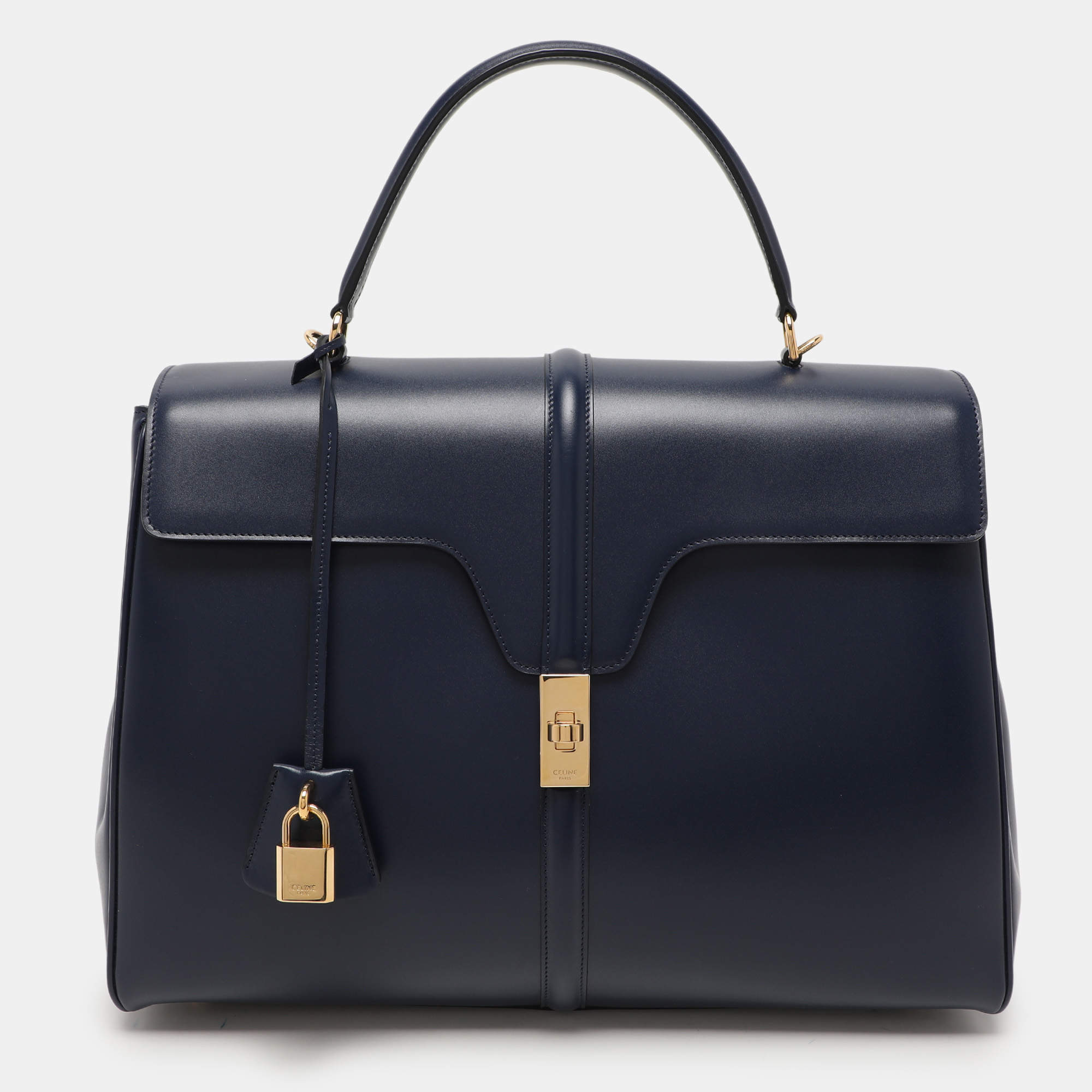 Celine Dark Blue Leather Large Classique 16 Top Handle Bag Celine