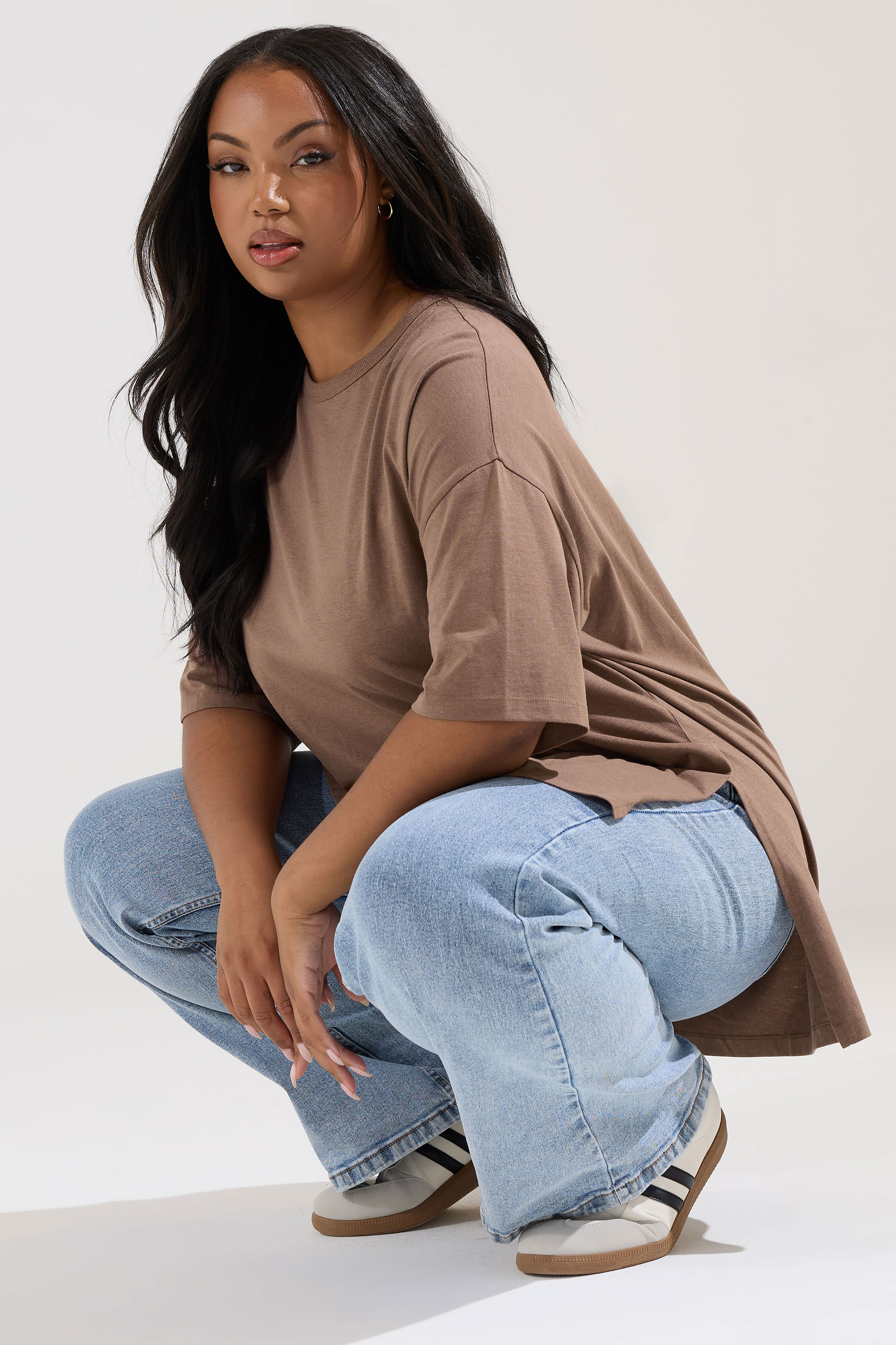 YOURS Plus Size Mocha Brown Oversized Side Split T-Shirt | Yours
