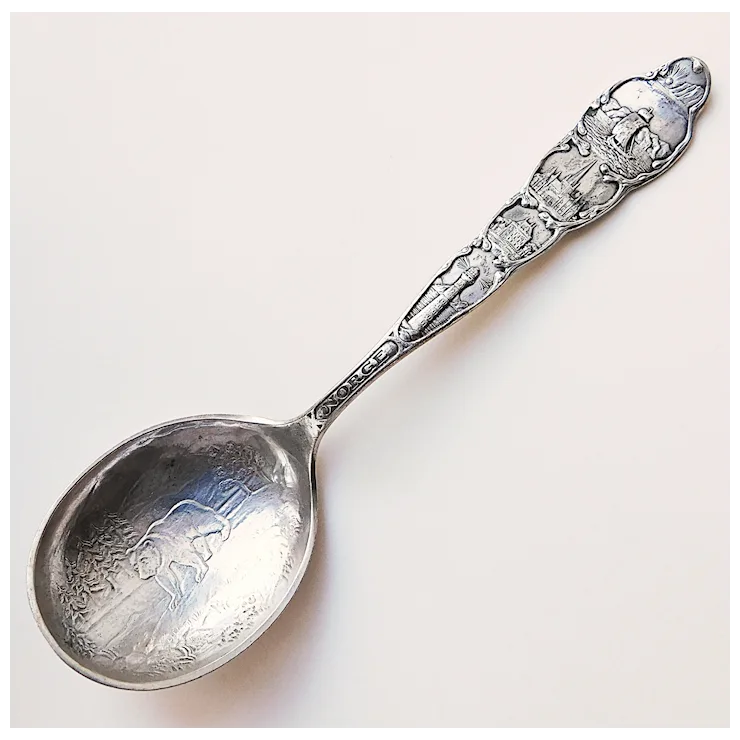 830 Silver NORWAY Norge Spoon with Bear Viking Ship Reindeer . For
