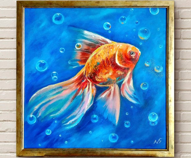 10%OFF】ロシア 金魚のオリジナル油絵、水中壁アート、額入りアート
