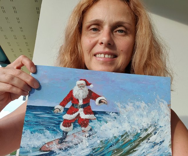 Thailand Surfing Santa Painting Christmas Original Wall Art