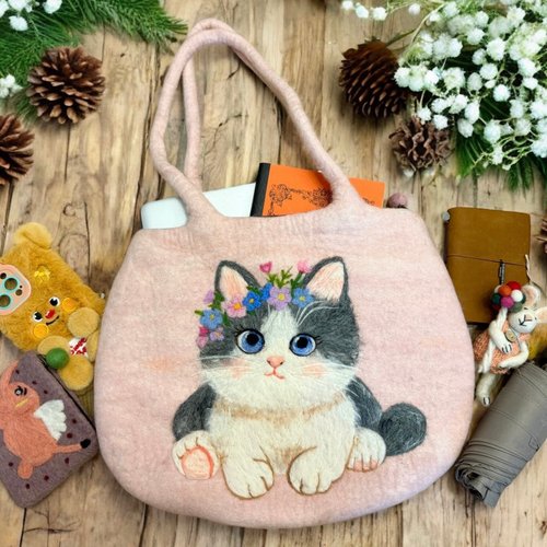 台湾 手作りニードルフェルト 羊毛フェルトショルダーバッグ 猫ちゃん