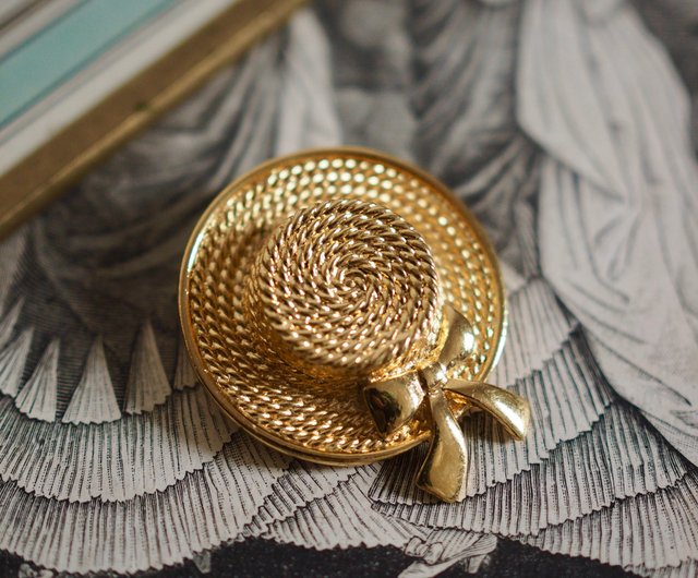 香港 1960年代 ヴィンテージメタル製麦わら帽子ブローチ / ピン shroom