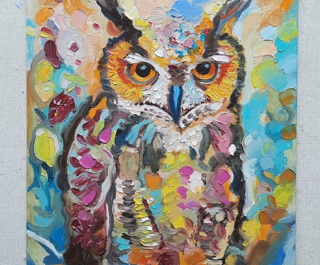 ロシア フクロウアート鳥カラフル オリジナルアート 油絵 段ボールに