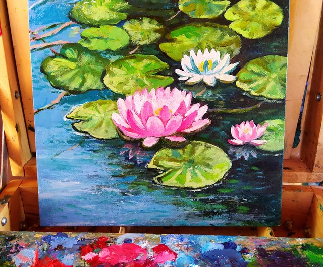 送料無料】ロシア 蓮の絵の花オリジナルアートオイルキャンバス睡蓮
