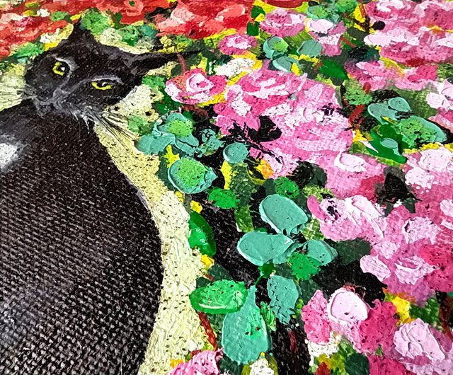 原画#3097黒猫猫薔薇花水彩画ドローイングインテリアアート絵