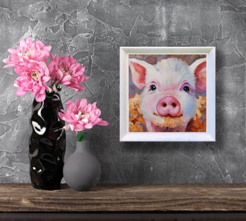 油絵 専用 頭に花をのせた豚 油絵 専用 頭に花をのせた豚