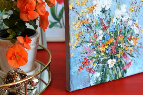 ベラルーシ 草原の花 オリジナル油絵 キャンバス厚塗り 20x20cm モダン