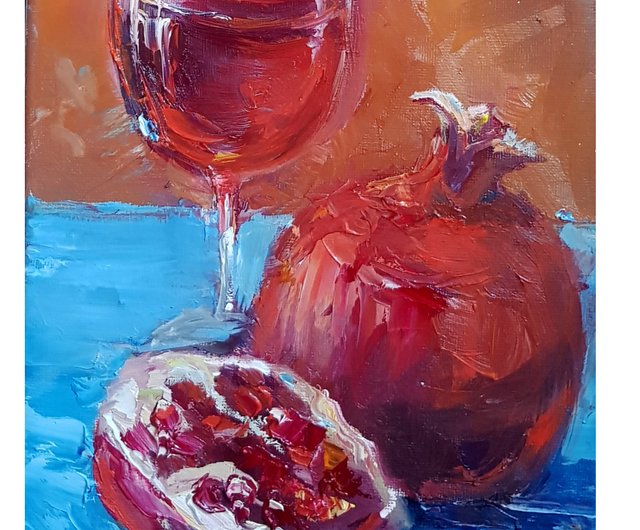 ロシア ザクロ ワイン油絵 オリジナル アート スケッチ油絵作品 静物画