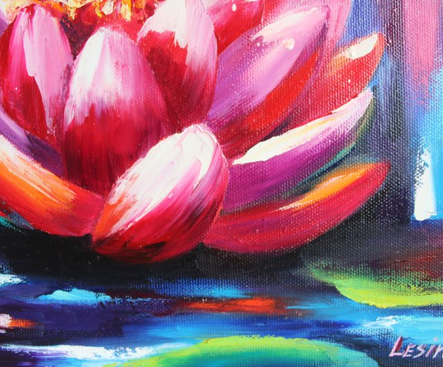 ロシア 蓮の油絵 蓮のオリジナルアート ピンクの花のアートワーク 仏教