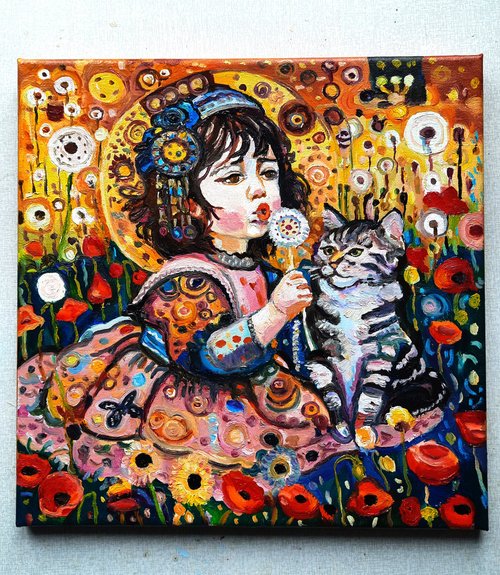 送料無料】ロシア 原創畫 猫と子供 絵画 オリジナルアート 油絵