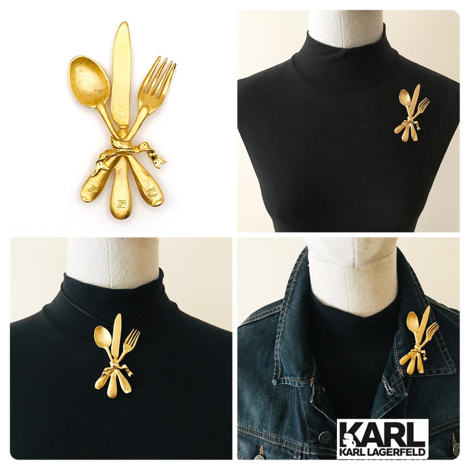 Karl Lagerfeld Vintage Fork Knife & Spoon Brooch Golden Metal ref