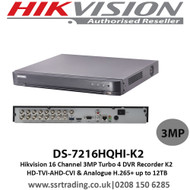 Hikvision 16 Channel 3MP PoC Turbo 4 DVR Recorder K2 HD-TVI-AHD