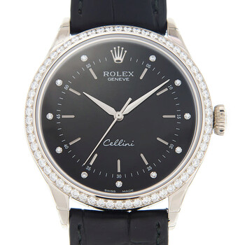 Rolex Cellini Time Black Diamond Dial Ladies Alligator Leather