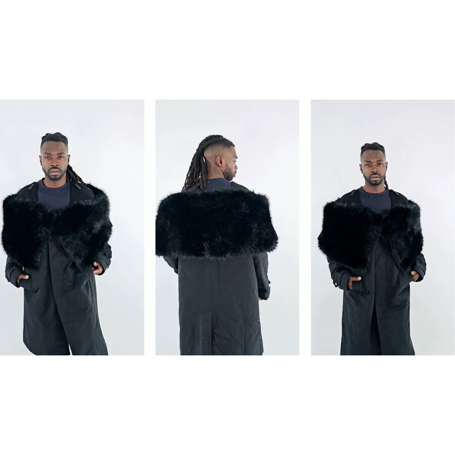 Burberry Men's Black Deconstructed Faux Fur Nylon Coat, Brand Size