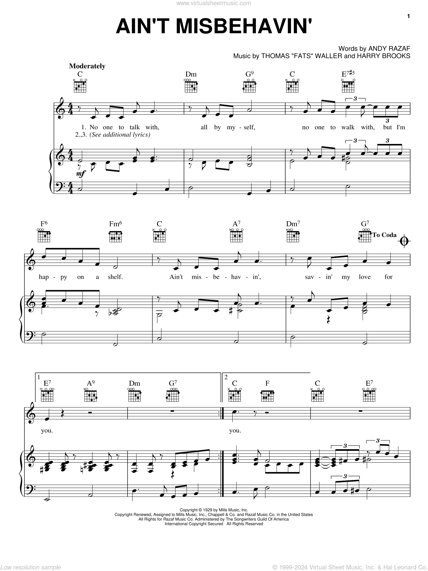 Ain't Misbehavin' sheet music for voice, piano or guitar v2