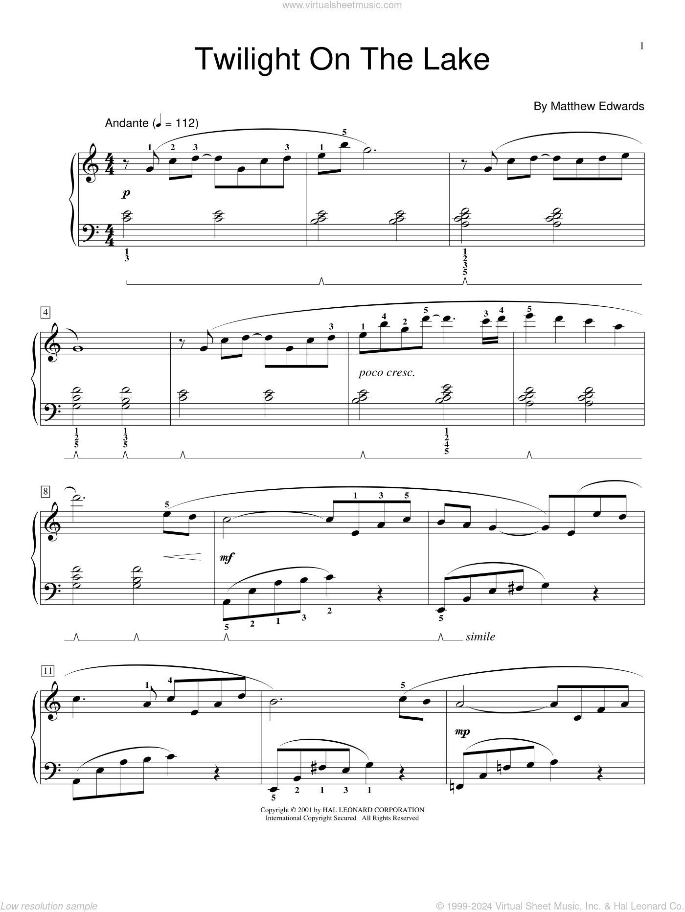 Twilight On The Lake sheet music for piano solo (elementary)