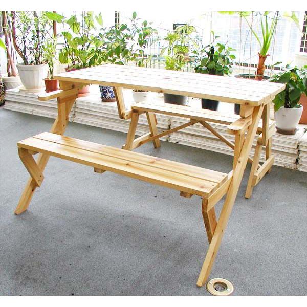 2way 木製ベンチ＆テーブル（4人用） ベンチがベンチ付きテーブルに