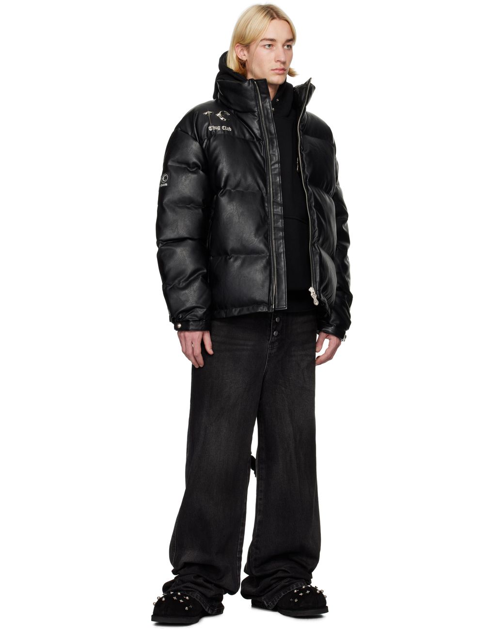 メンズ THUG CLUB ブラック フェイクレザー パファー ダウンジャケット