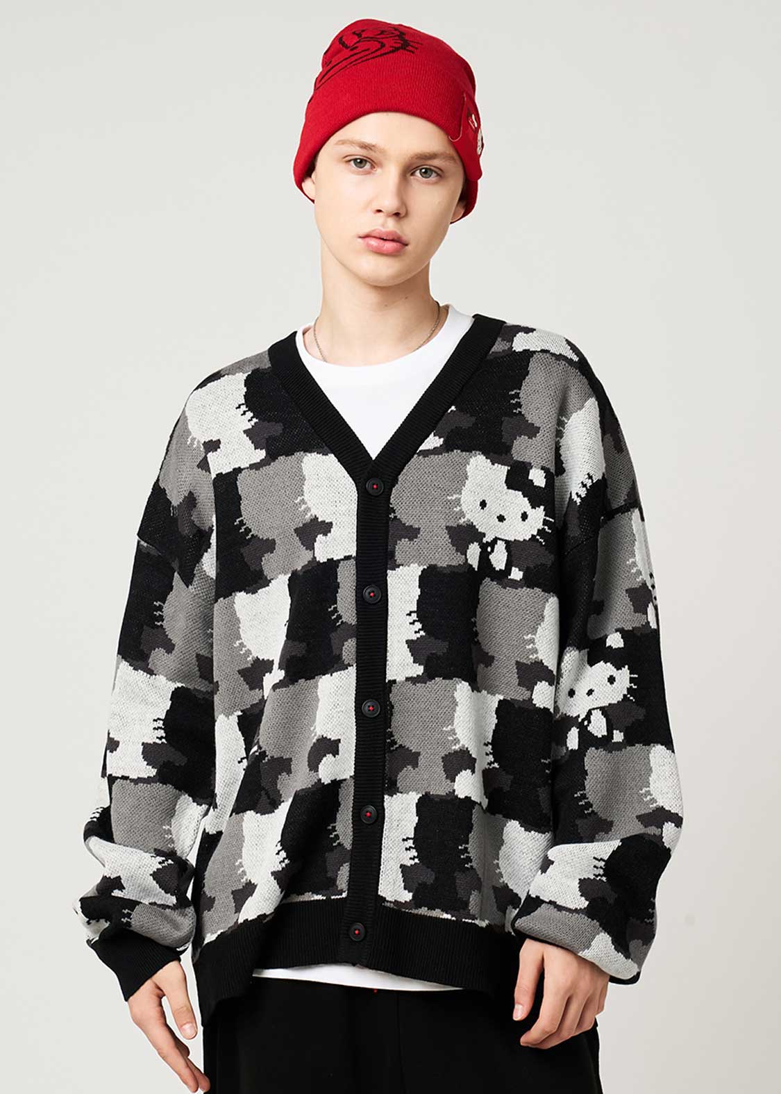 キティ シルエットパターン｜ジャカードVネックカーディガン｜ユニ