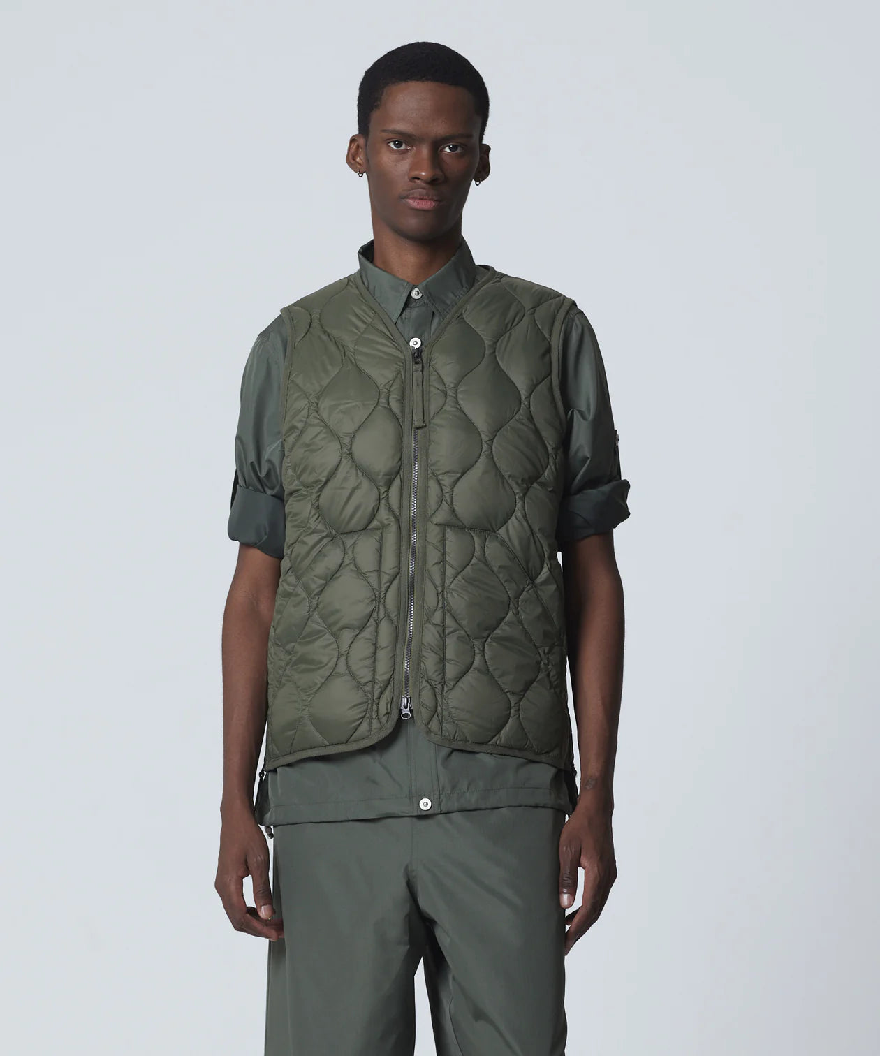 TAION - Military V-Neck W-Zip Down Vest (Soft Shell) - D. Olive