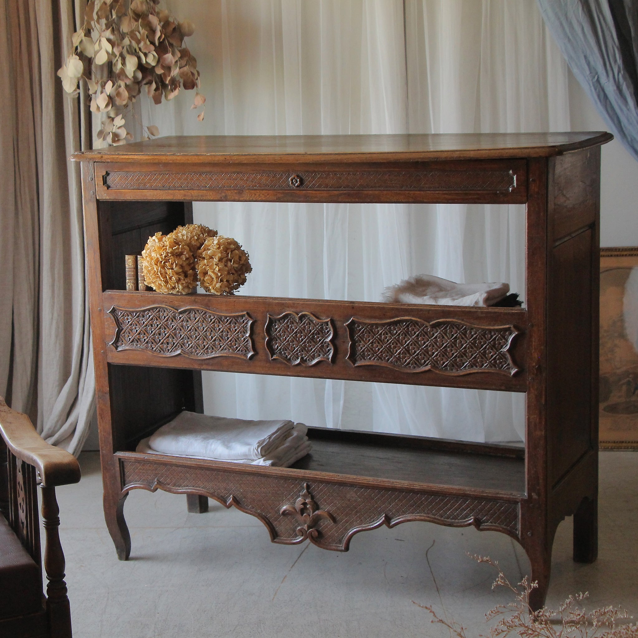 1900年代オーク材引き出し付きシェルフ 店舗什器 フランスアンティーク