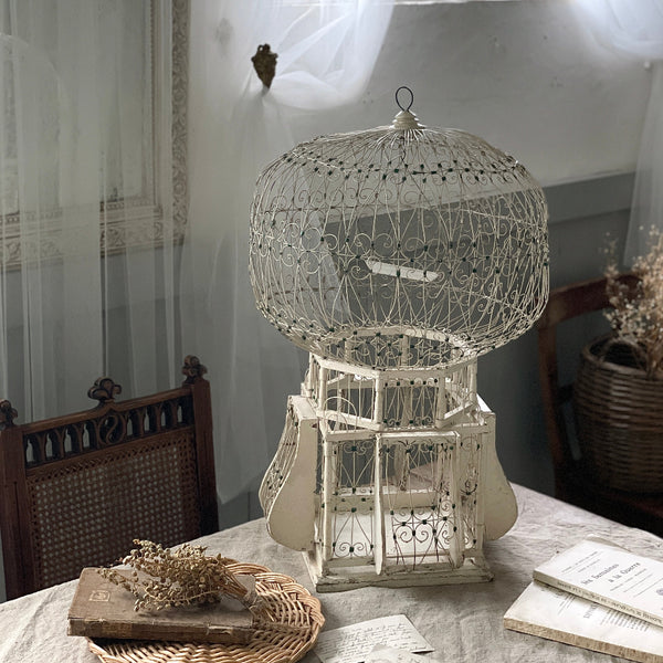 1920年代白ペイントのバードケージ（鳥籠）大（高さ65cm） フランス